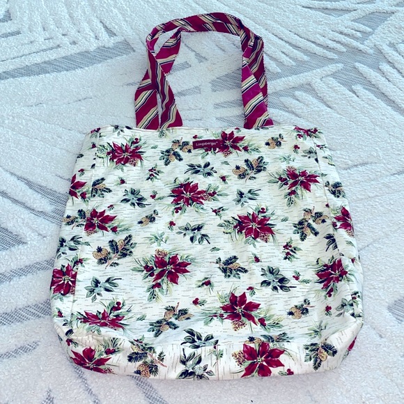 Longaberger Large Tote in Poinsettia and Pine Fabric. 16” x 13-1/2” x 3”. - Picture 1 of 8